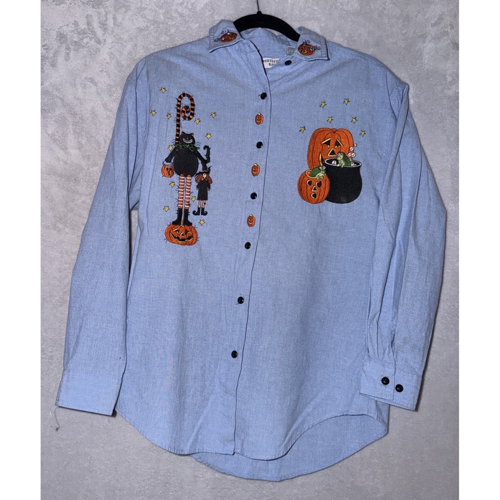 Vtg Whitefish Bay Button Shirt Halloween Pumpkins Black Cat Cauldron Frogs S
